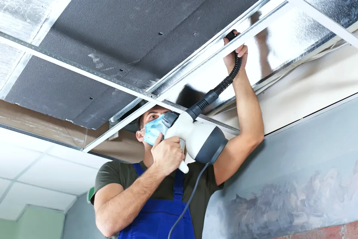 Worker in a mask cleaning a ceiling air duct with a handheld tool
