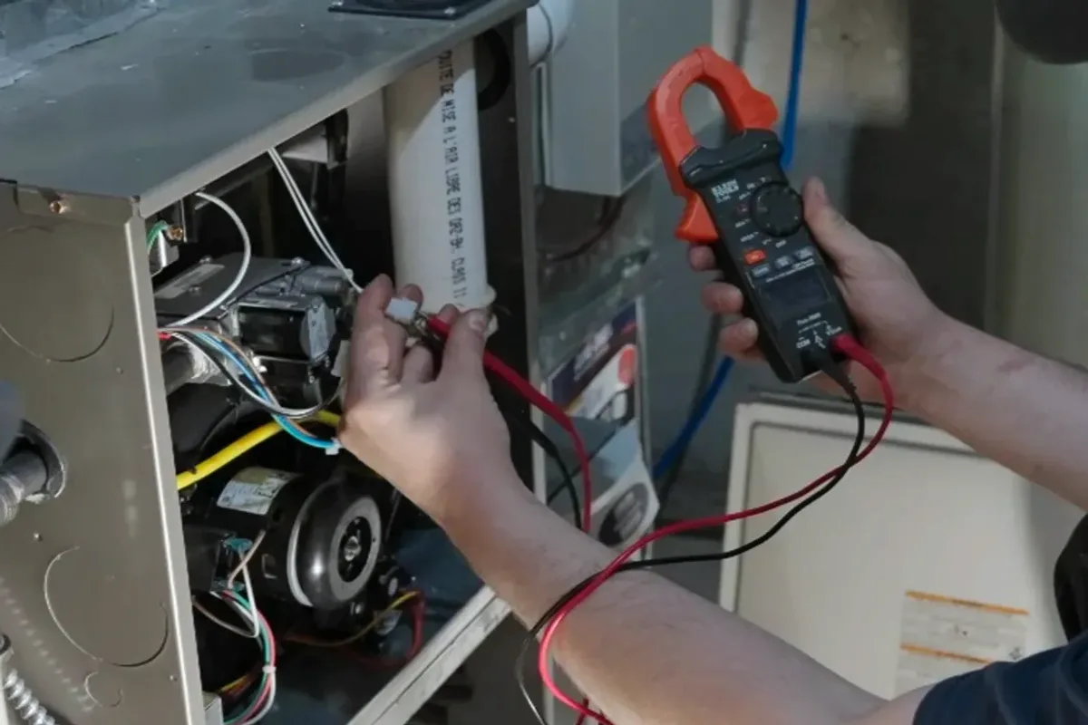Technician testing a furnace's wiring with a clamp meter